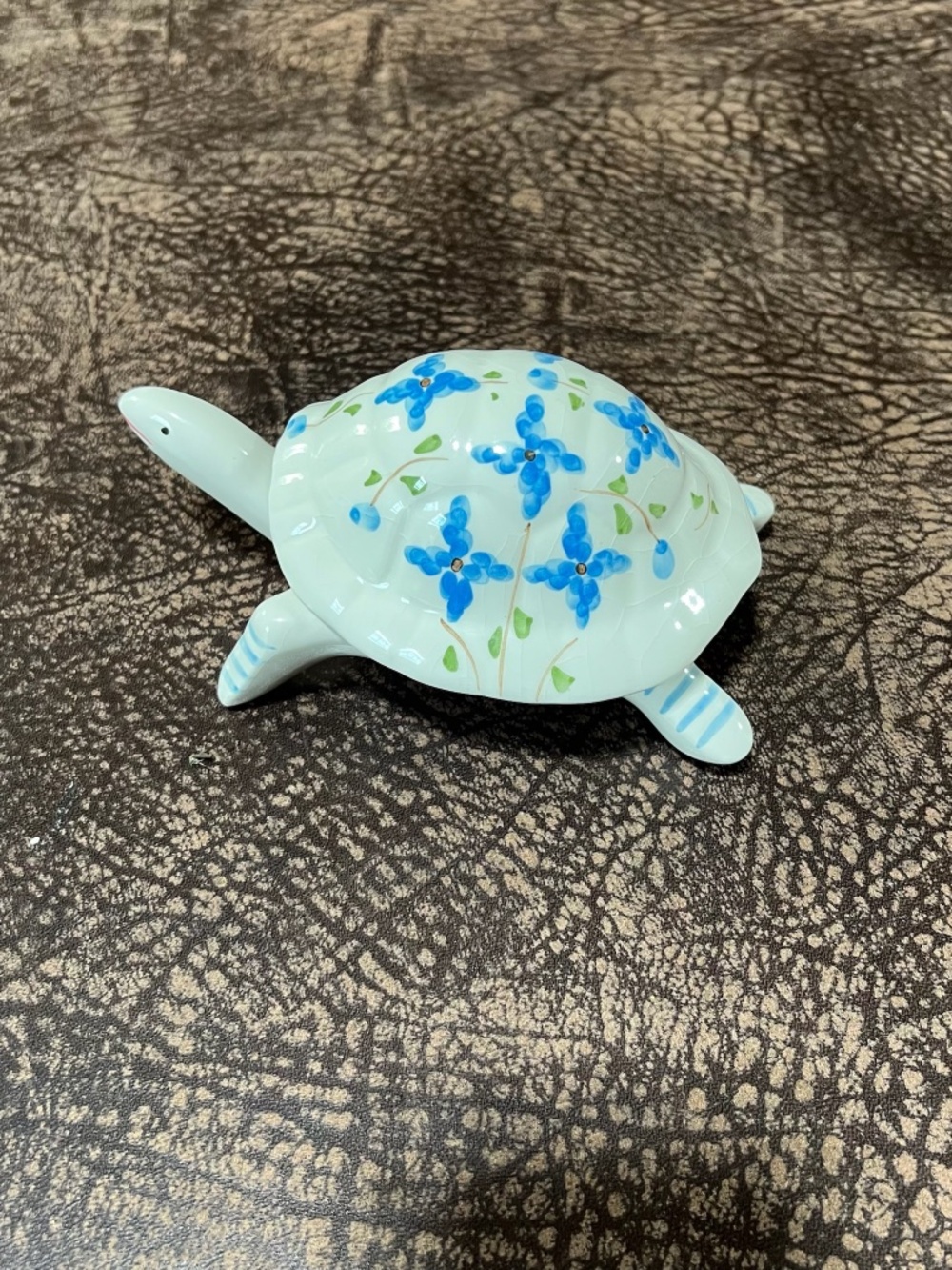 Vintage White Ceramic Tortoise Trinket Box, Hand Painted Blue Floral Pattern